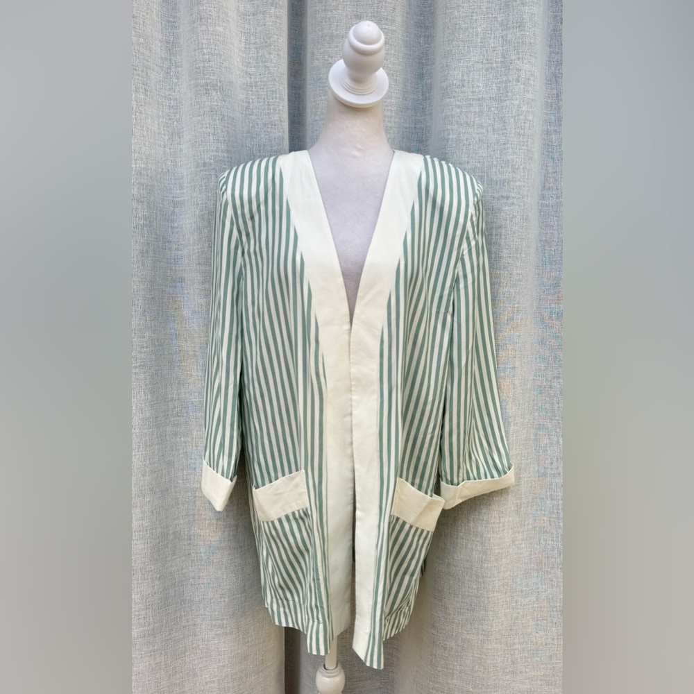 B.G.B white mint green striped open blouse cardigan jacket